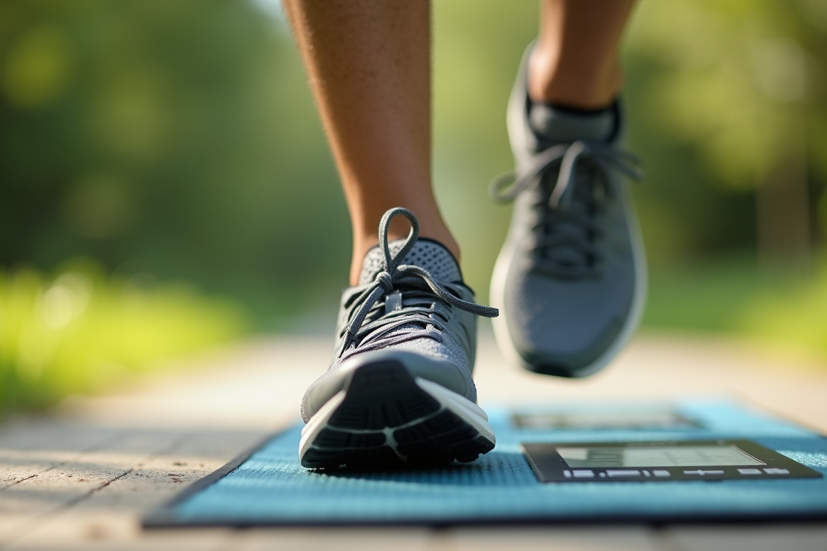 Pieds en chaussures de course sur un tapis compteur de pas
