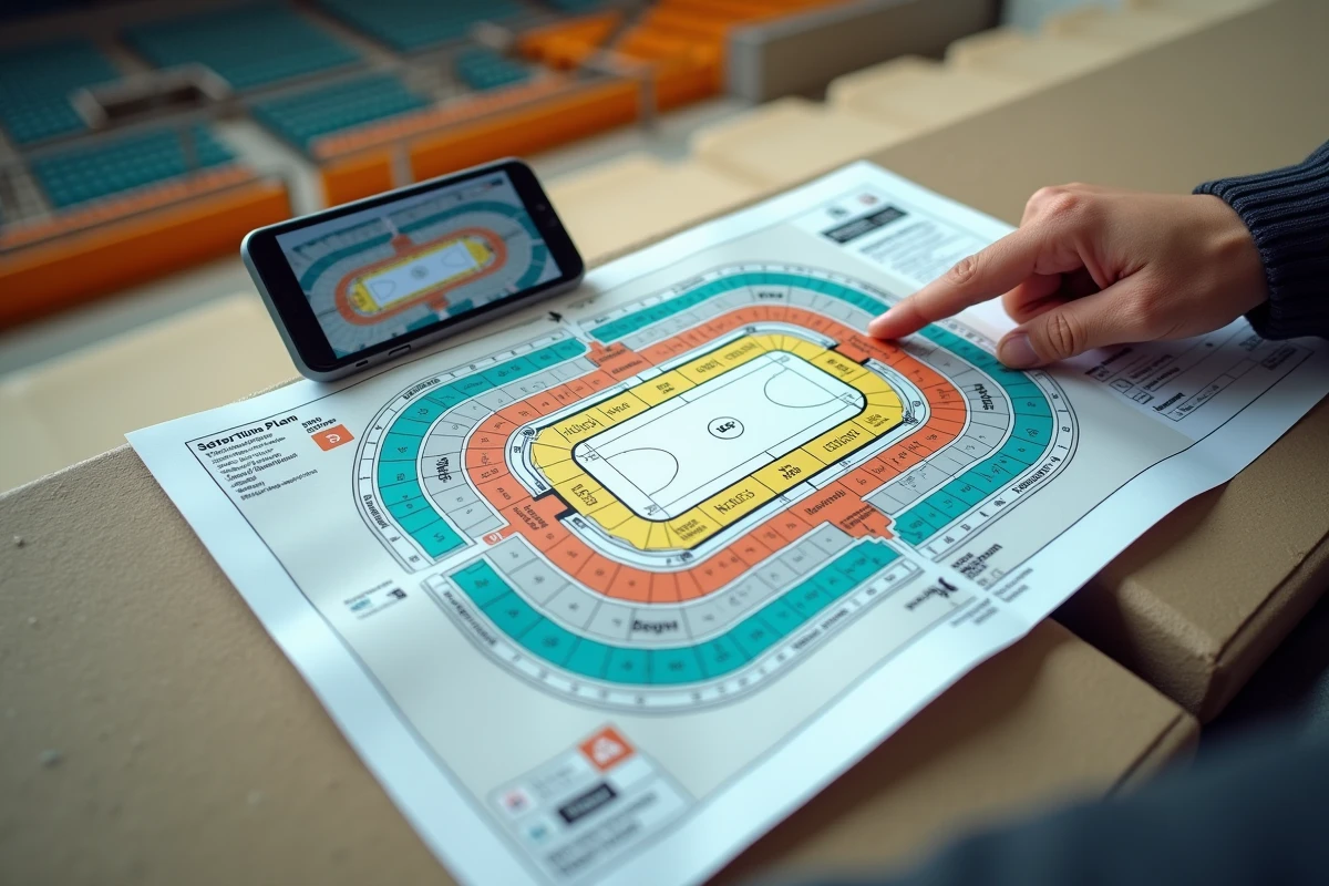 Plan de salle imprimé d'une grande enceinte sportive indoor posé sur une marche de tribune, avec zones de placement colorées et doigt pointant un secteur spécifique