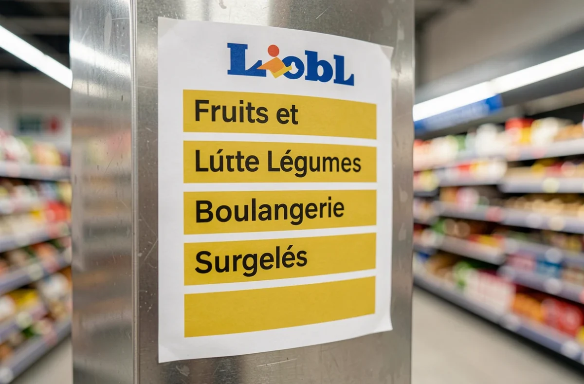 Plan du magasin Lidl affiché en rayon avec les noms des départements en français