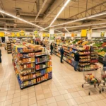 Vue intérieure grand angle d'un supermarché Lidl parisien avec allées organisées et produits en rayon