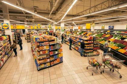 Vue intérieure grand angle d'un supermarché Lidl parisien avec allées organisées et produits en rayon