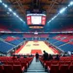 Vue panoramique depuis les tribunes supérieures d'une grande salle de sport indoor type Bercy, montrant le plan de la salle avec les rangées de sièges numérotés et le parquet central