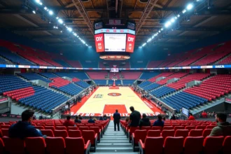 Vue panoramique depuis les tribunes supérieures d'une grande salle de sport indoor type Bercy, montrant le plan de la salle avec les rangées de sièges numérotés et le parquet central