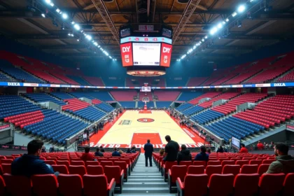 Vue panoramique depuis les tribunes supérieures d'une grande salle de sport indoor type Bercy, montrant le plan de la salle avec les rangées de sièges numérotés et le parquet central