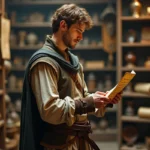 Joueur en costume médiéval fantastique consultant une carte parchemin dans une boutique d'antiquités pour trouver des PNJ dans Dofus