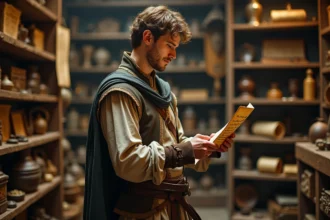 Joueur en costume médiéval fantastique consultant une carte parchemin dans une boutique d'antiquités pour trouver des PNJ dans Dofus