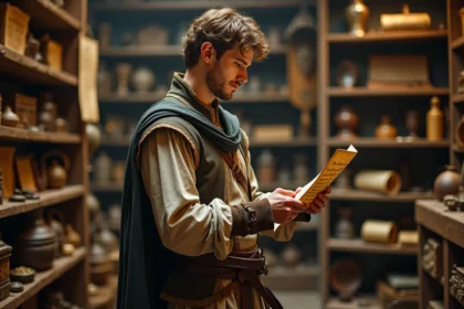 Joueur en costume médiéval fantastique consultant une carte parchemin dans une boutique d'antiquités pour trouver des PNJ dans Dofus