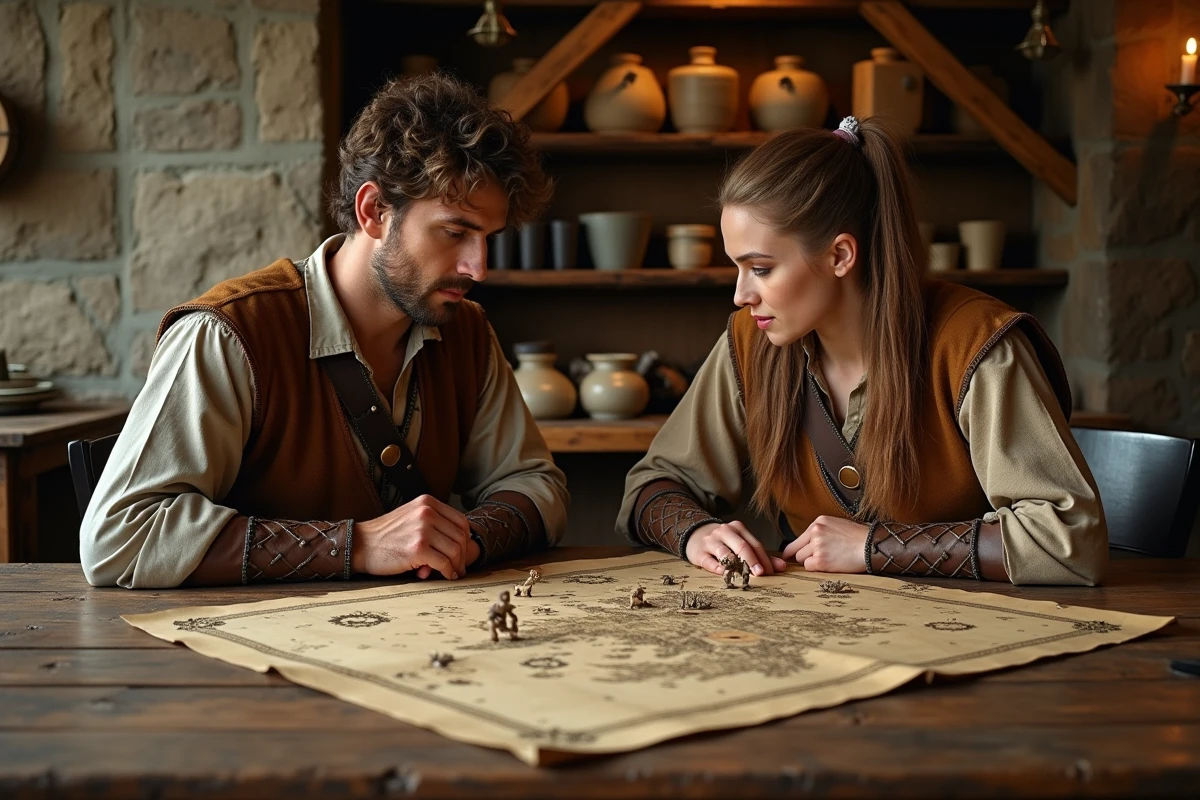 Deux aventuriers en tenue fantastique planifiant leur quête Dofus autour d'une carte dans une taverne médiévale pour localiser tous les PNJ