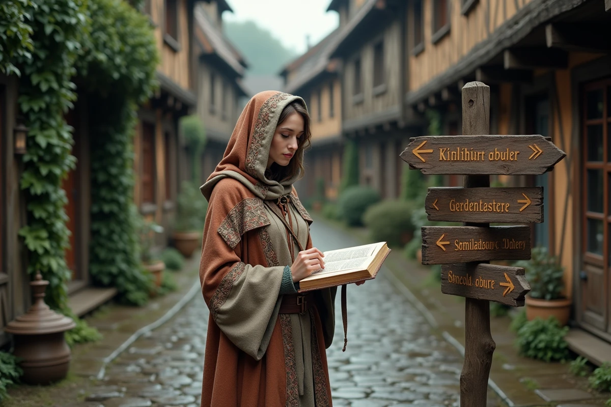 Femme en robe de mage fantastique consultant un guide à un carrefour de village médiéval lors d'une quête Dofus L'occasion fait le larron