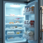 Porte de congélateur ouverte dans une cuisine lumineuse