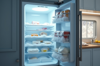 Porte de congélateur ouverte dans une cuisine lumineuse