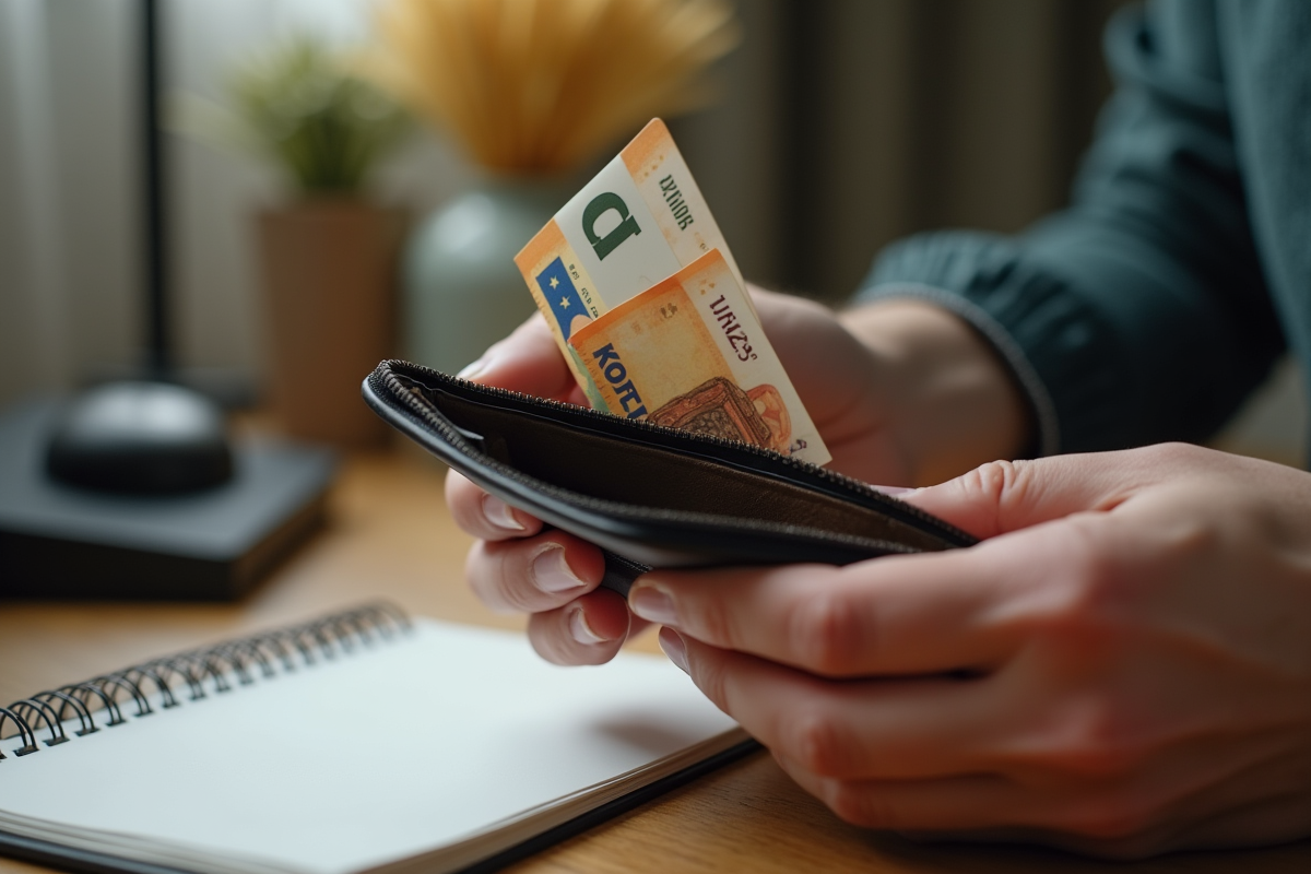 Mains tenant un porte-monnaie avec des euros sur un bureau