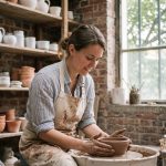 Femme potière concentrée dans son atelier parisien