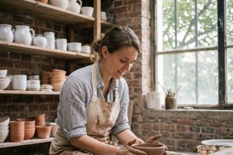 Femme potière concentrée dans son atelier parisien