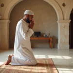 Homme en prière à l'intérieur d'une mosquée à Douai, prosterné sur un tapis de prière en pierre