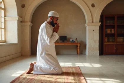 Homme en prière à l'intérieur d'une mosquée à Douai, prosterné sur un tapis de prière en pierre