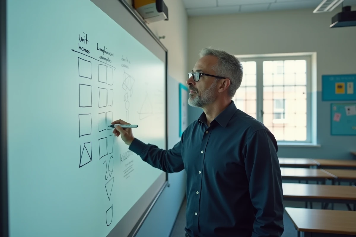 Professeur expliquant la conversion entre hectares et kilomètres carrés sur un tableau blanc en classe de géométrie