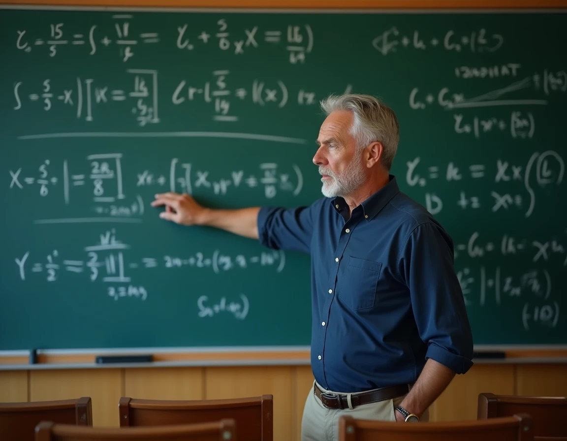 Professeur de mathématiques expliquant l'équation réduite de la tangente au tableau noir dans un amphithéâtre universitaire