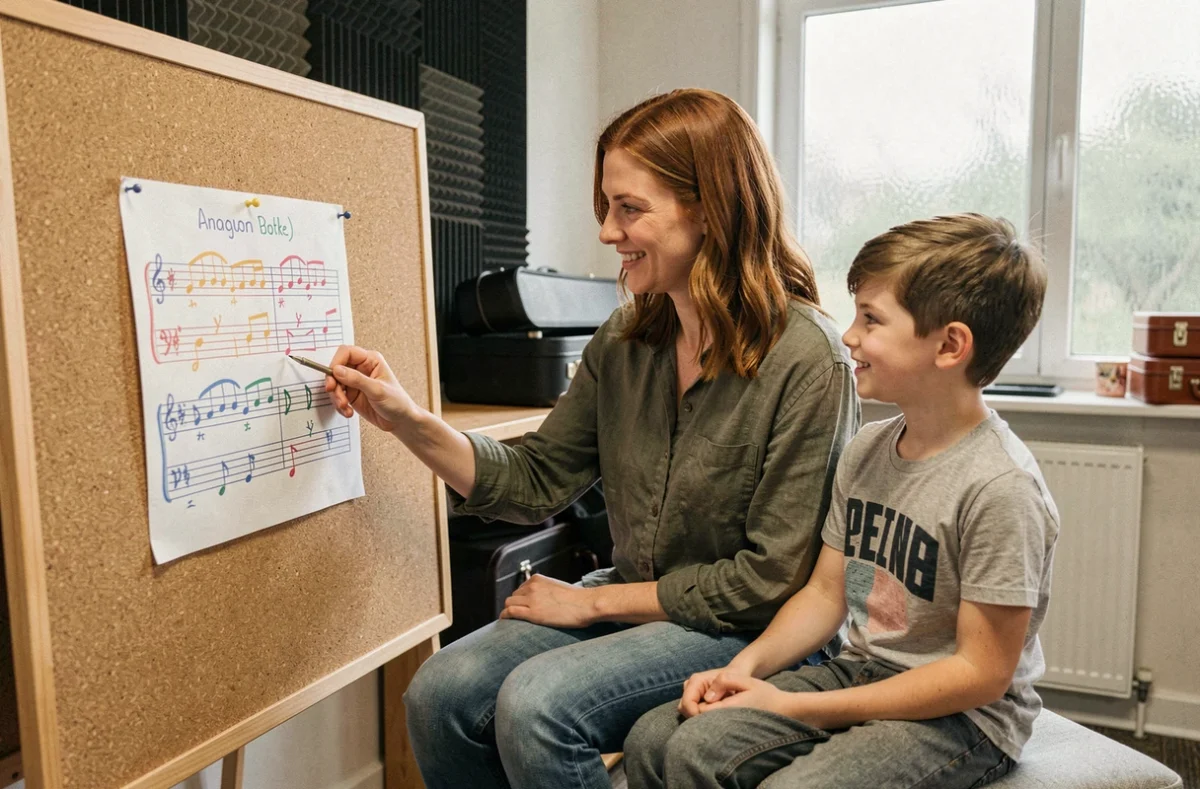 Professeure de musique et enfant étudiant ensemble une tablature de guitare simplifiée