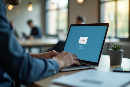 Professionnel travaillant sur un ordinateur portable dans un bureau lumineux