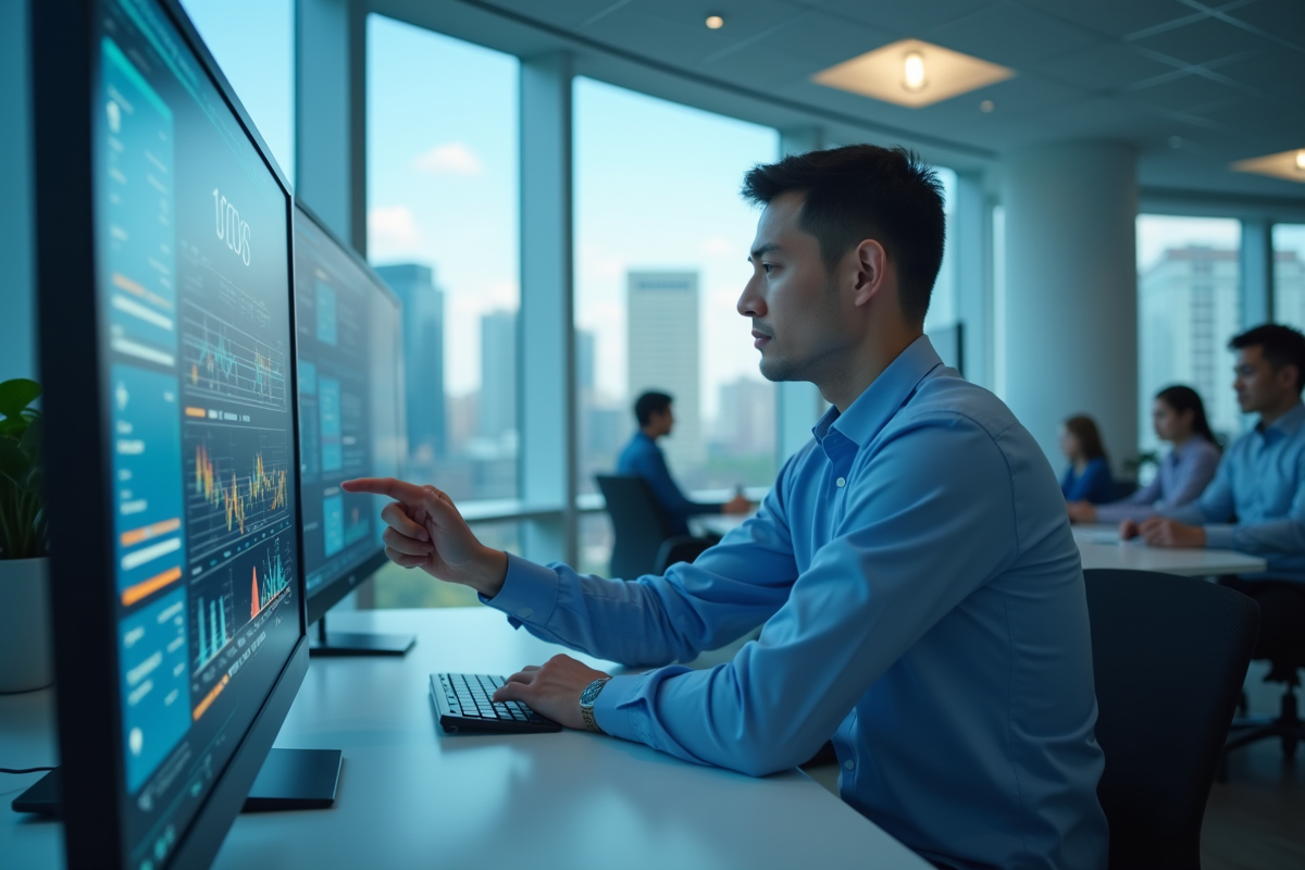 Professionnel utilisant une interface digitale dans un bureau lumineux