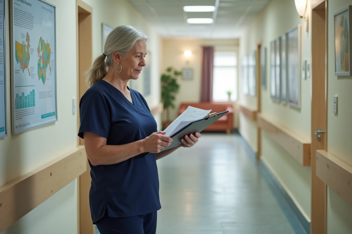 Professionnelle d'un ESSMS évaluant les pratiques qualité dans un couloir d'établissement médico-social
