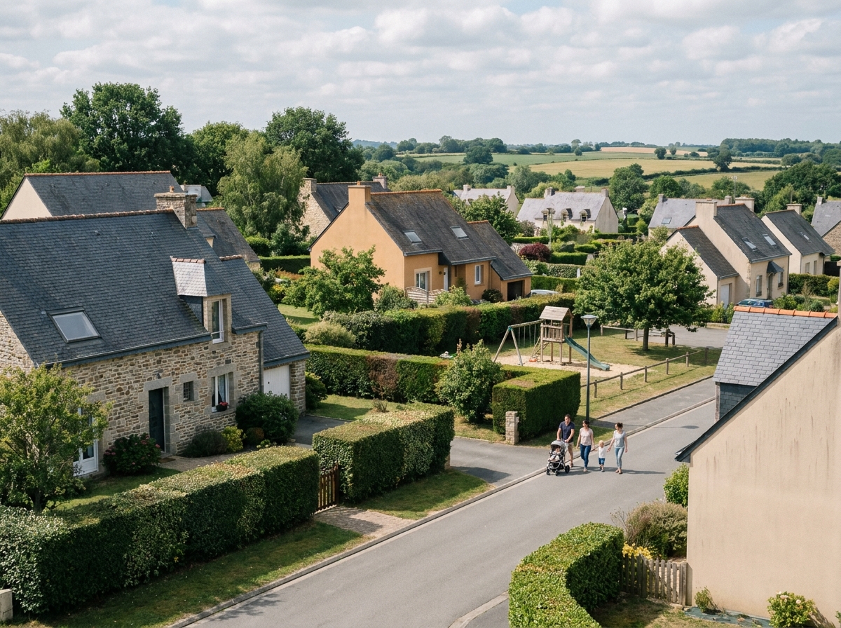 Vue panoramique d'un quartier résidentiel pavillonnaire calme en périphérie de Rennes avec jardins et familles