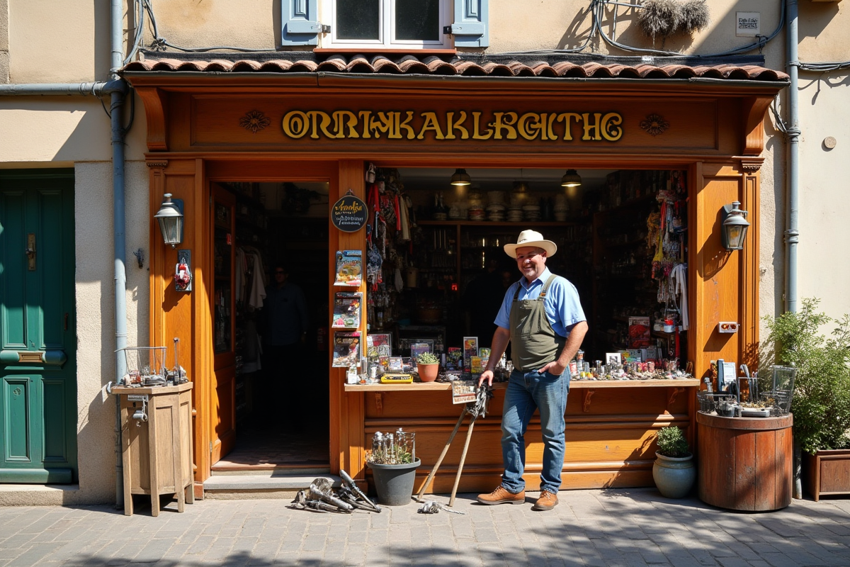 Magasin de quincaillerie français avec un commerçant souriant dehors