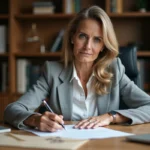 Femme rédigeant une lettre recommandée formelle à son bureau pour un litige avec un professionnel
