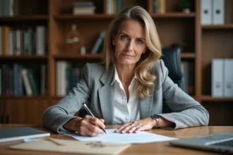 Femme rédigeant une lettre recommandée formelle à son bureau pour un litige avec un professionnel