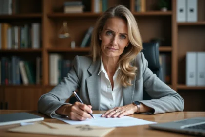 Femme rédigeant une lettre recommandée formelle à son bureau pour un litige avec un professionnel