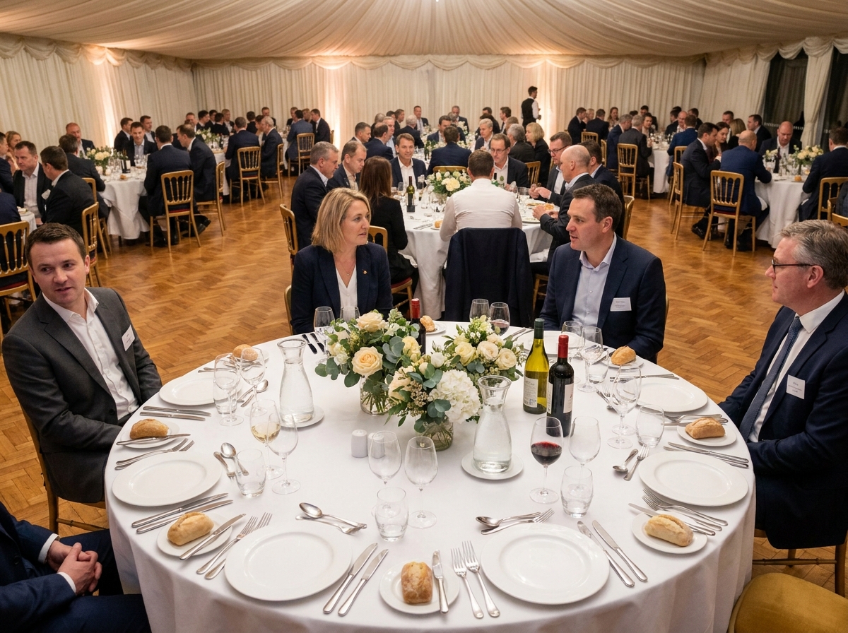 Dîner assis de gala d'entreprise avec table ronde dressée, invités en tenue formelle et décoration florale élégante