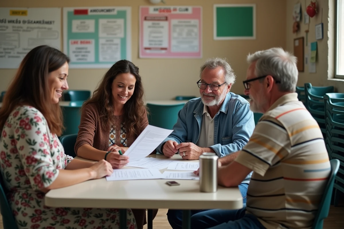 Membres d'une association locale réunis pour une réunion de vie associative dans une salle communautaire