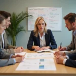 Équipe professionnelle d'un ESSMS en réunion autour d'un plan d'amélioration des pratiques
