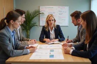 Équipe professionnelle d'un ESSMS en réunion autour d'un plan d'amélioration des pratiques