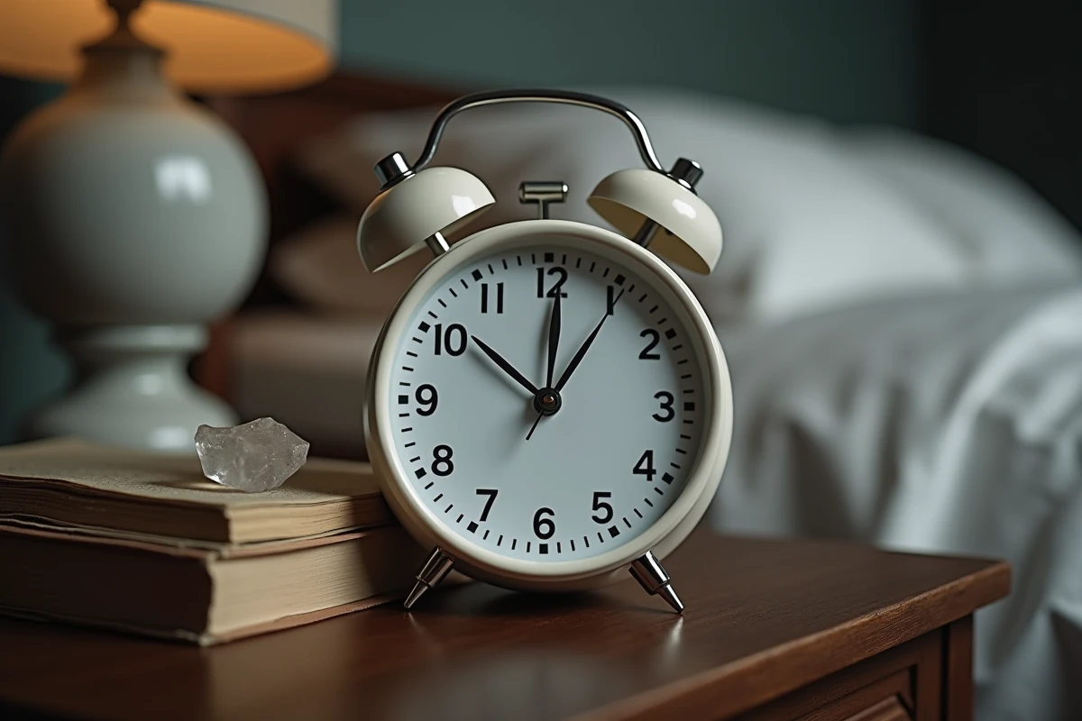 Gros plan d'un réveil analogique indiquant 23h23 sur une table de nuit avec un livre de numérologie et un cristal, symbolisant les heures miroirs