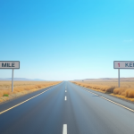 Route droite avec panneaux indicateurs de distance