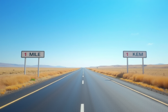 Route droite avec panneaux indicateurs de distance