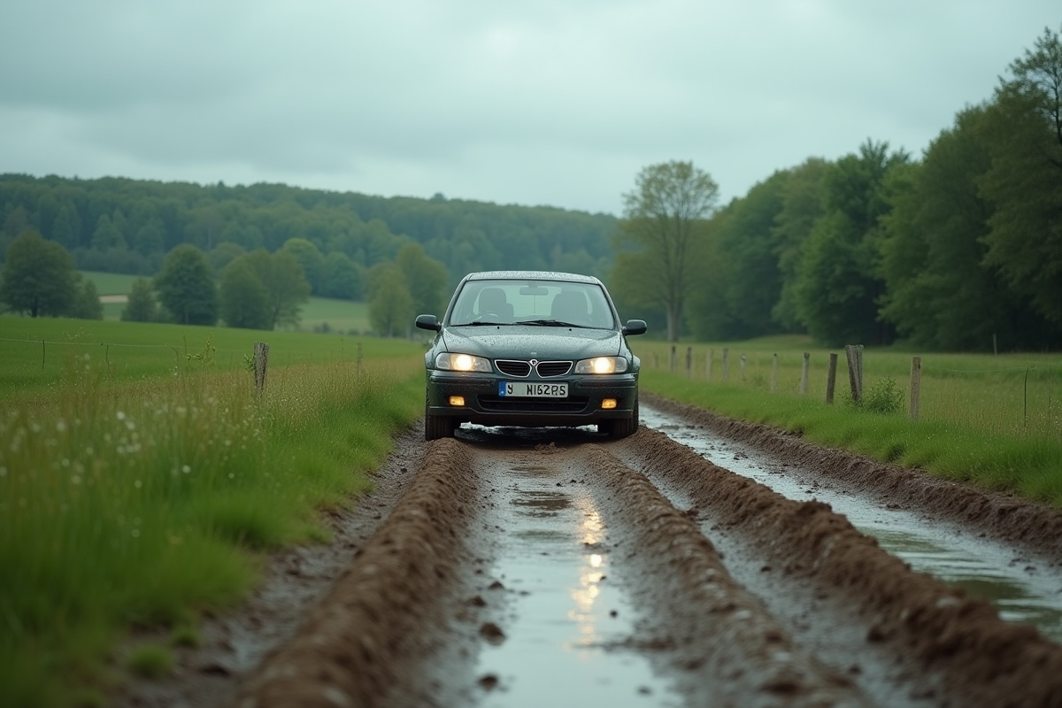 Voiture coincée sur une route de campagne sous un ciel gris