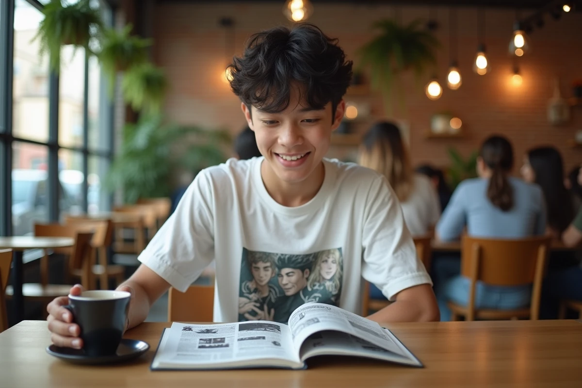 Adolescent lisant un scan de manga dans un café moderne avec un volume posé sur la table