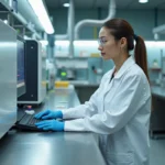 Chercheuse en blouse blanche utilisant un spectromètre de masse dans un laboratoire d'analyse chimique moderne