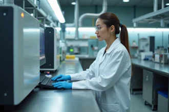 Chercheuse en blouse blanche utilisant un spectromètre de masse dans un laboratoire d'analyse chimique moderne