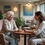 Femme senior souriante en conversation avec une aide à domicile