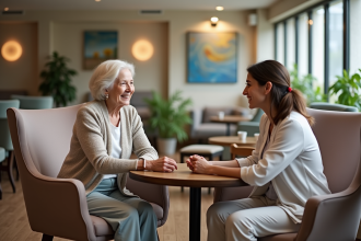 Femme senior souriante en conversation avec une aide à domicile