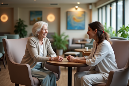 Femme senior souriante en conversation avec une aide à domicile