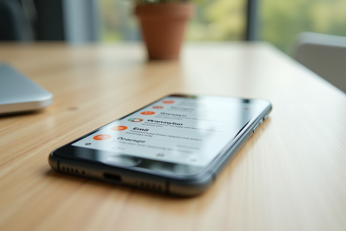 Smartphone affichant une messagerie avec Wanadoo et Orange