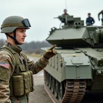 Jeune soldat en uniforme camouflage devant un char Leclerc