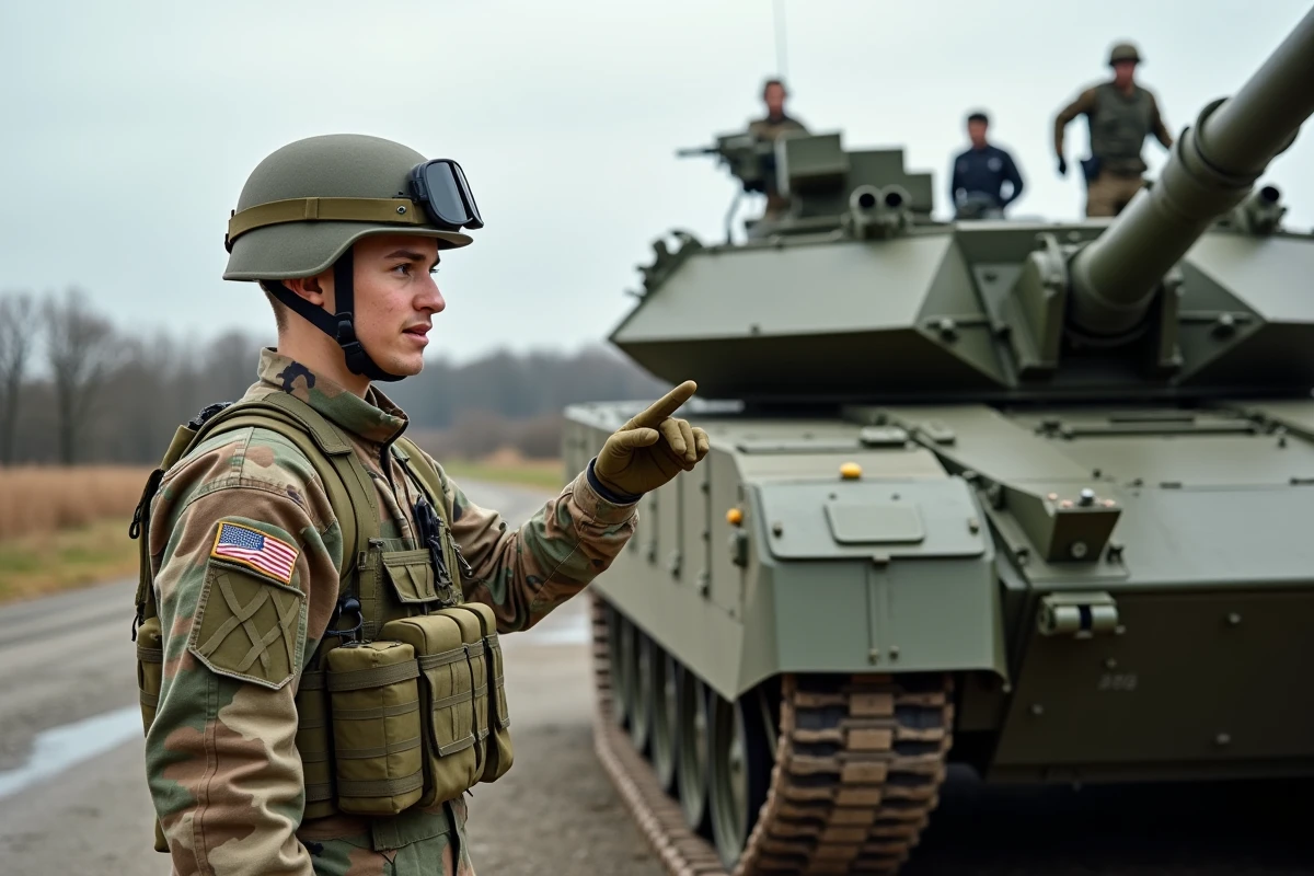 Jeune soldat en uniforme camouflage devant un char Leclerc