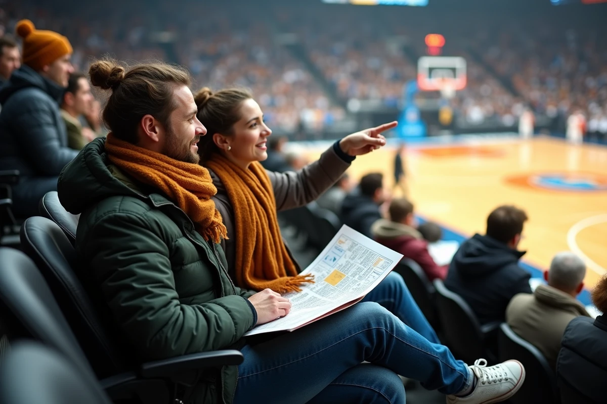 Couple de spectateurs installés près du parquet dans une grande salle indoor, consultant le plan de placement pour un match de sport à Bercy