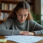 Jeune femme concentrée prenant des notes stratégiques pour optimiser ses essais au jeu Cemantix